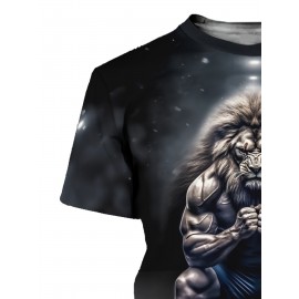Novelty Lion Pattern 3D Printed Crew Neck Short Sleeve T-shirt For Men, Casual Summer T-Shirt For Daily Wear And Vacation Resorts