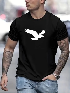Eagle Print Mens T-Shirt - Fashionable Streetwear - Comfortable Stretch Fit - Classic Round Neck - Perfect for Summer & Fall