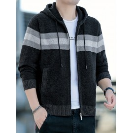 1pc Men'S Casual Color Block Chenille Hooded Knit Jacket - Polyester Long Sleeve Zip-Up with Slight Stretch, Regular Fit Hooded Sweater for Fall/Winter