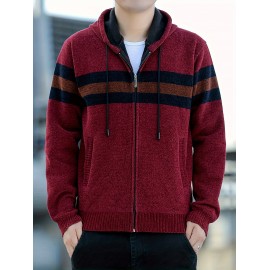 1pc Men'S Casual Color Block Chenille Hooded Knit Jacket - Polyester Long Sleeve Zip-Up with Slight Stretch, Regular Fit Hooded Sweater for Fall/Winter