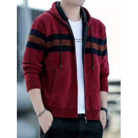 1pc Men'S Casual Color Block Chenille Hooded Knit Jacket - Polyester Long Sleeve Zip-Up with Slight Stretch, Regular Fit Hooded Sweater for Fall/Winter