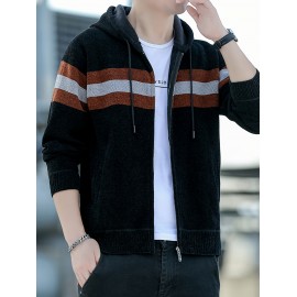 1pc Men'S Casual Color Block Chenille Hooded Knit Jacket - Polyester Long Sleeve Zip-Up with Slight Stretch, Regular Fit Hooded Sweater for Fall/Winter
