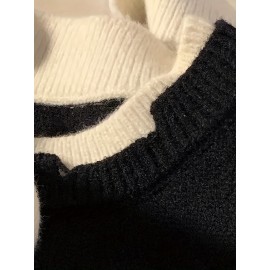 Men's Loose Color Block Cute Boy Graphic Print Fake Two-piece Knitted Pullover, Casual Long Sleeve Crew Neck Sweater For Fall