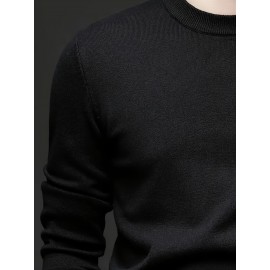 1pc Men'S Casual Crew Neck Viscose Knit Sweater - Solid Color Pullover with Medium Stretch, Regular Fit, Long Sleeve - Knit Fabric Sweatshirt for Autumn and Winter