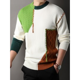 1pc Men'S Korean Style Crew Neck Sweater, Casual Striped Pattern, Rib-Knit, Slight Stretch, Loose Fit, Acrylic Knit Fabric, Thick Warm Patchwork Pullover for Fall/Winter - Fashionable Color Block Base Layer Top [12422]