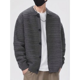 Men'S Fall/Winter Casual Rib-Knit Cardigan, Acrylic Blend, Preppy Style, Loose Fit, Relaxed Shoulder, Long Sleeve, Solid Color, Medium Stretch, Knit Fabric, with Lapel Collar and Open Front for Men