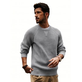 Men Waffle Textured Sweater Long Raglan Sleeve Crew Neck Ribbed Cuff Pullover