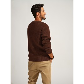 Men Waffle Textured Sweater Long Raglan Sleeve Crew Neck Ribbed Cuff Pullover
