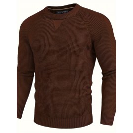 Men Waffle Textured Sweater Long Raglan Sleeve Crew Neck Ribbed Cuff Pullover