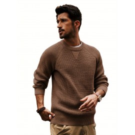 Men Waffle Textured Sweater Long Raglan Sleeve Crew Neck Ribbed Cuff Pullover