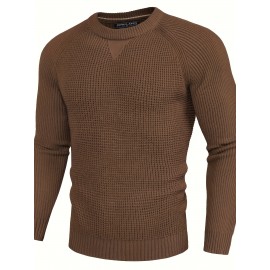 Men Waffle Textured Sweater Long Raglan Sleeve Crew Neck Ribbed Cuff Pullover