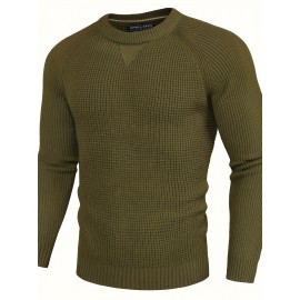Men Waffle Textured Sweater Long Raglan Sleeve Crew Neck Ribbed Cuff Pullover