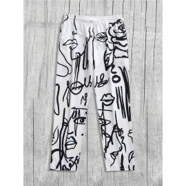 Men's Casual Athletic Joggers with Abstract Face Print - Loose Fit, Polyester Blend, Machine Washable