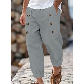 [Trusted] Men's Casual Cotton Linen Pants with Multi-Button Detail - Loose Fit, Solid Color, Perfect for Beach & Summer