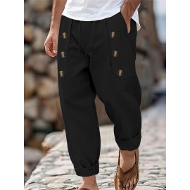 [Trusted] Men's Casual Cotton Linen Pants with Multi-Button Detail - Loose Fit, Solid Color, Perfect for Beach & Summer