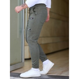 Men's Cotton Blend Label Decor Jogger Pants With Drawstrings, Casual Loose Fit Harem Trousers As Gift
