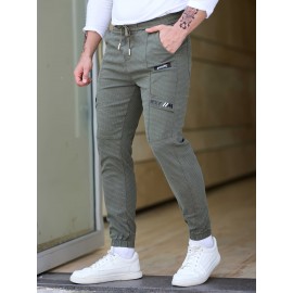 Men's Cotton Blend Label Decor Jogger Pants With Drawstrings, Casual Loose Fit Harem Trousers As Gift