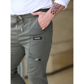 Men's Cotton Blend Label Decor Jogger Pants With Drawstrings, Casual Loose Fit Harem Trousers As Gift