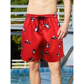 Men's Trendy Cartoon Penguin Pattern Print Active Shorts, Drawstring Beach Shorts For Summer Beach Resort, Hawaiian Shorts