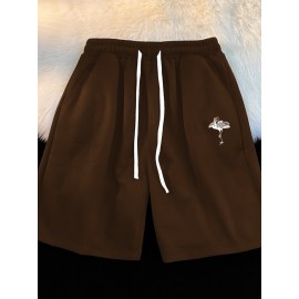 1pc Crane Emblem Casual Shorts, Polyester Knit Fabric with Slight Stretch, Regular Fit with Pockets, Alphabet Pattern - Comfortable Summer Wear