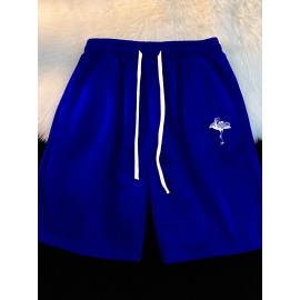 1pc Crane Emblem Casual Shorts, Polyester Knit Fabric with Slight Stretch, Regular Fit with Pockets, Alphabet Pattern - Comfortable Summer Wear