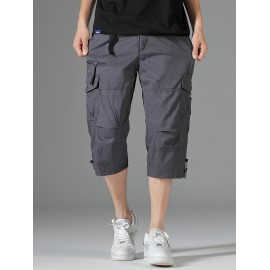Men's 3/4 Length Solid Color Non Stretch Multi-Pocket Cotton Cargo Shorts For Summer Outdoor Wear