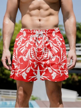 Men's Casual Chic Printed Active Shorts, Drawstring Beach Shorts For Summer Beach Resort
