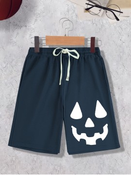 1pc Halloween Pumpkin Smile Print Men'S Casual Cotton Blend Shorts, Slight Stretch Knit Fabric, Regular Fit Sports Shorts