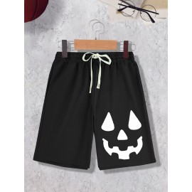 1pc Halloween Pumpkin Smile Print Men'S Casual Cotton Blend Shorts, Slight Stretch Knit Fabric, Regular Fit Sports Shorts