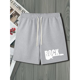 Men's Casual Rock Print Drawstring Shorts - Breathable Polyester, Pockets Included, Machine Washable