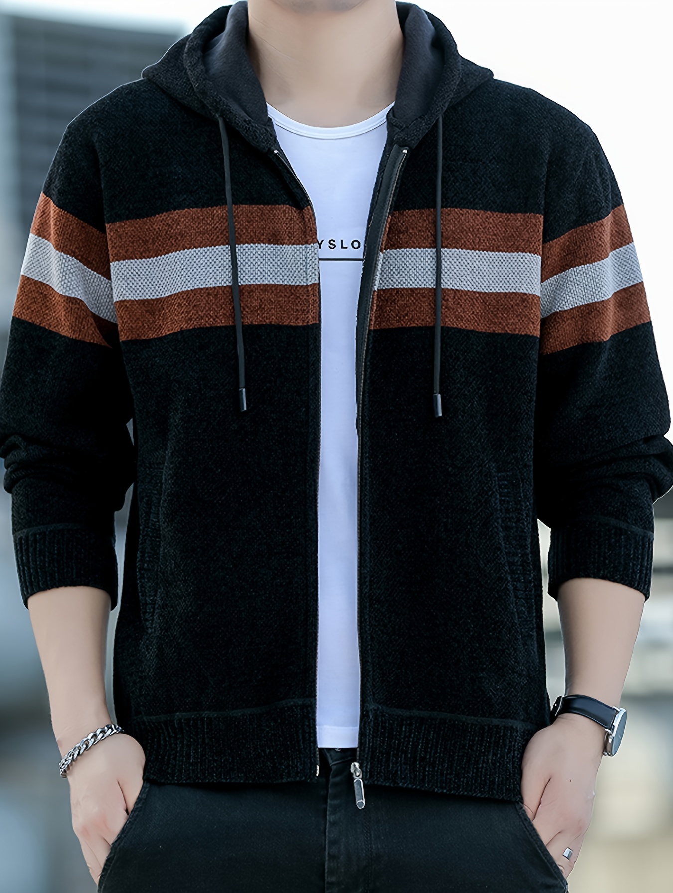 Men S Casual Knit Polyester Hooded Sweater, Long Sleeve Zip-Up Jacket, Regular Fit, with   and   Design, for Travel, Fishing, Golf, Daily   details 23